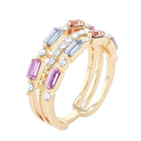 Size 7 Brilliance Swarovski Crystal Baguette Triple Row Colorful Ring gemstones - Picture 1 of 2